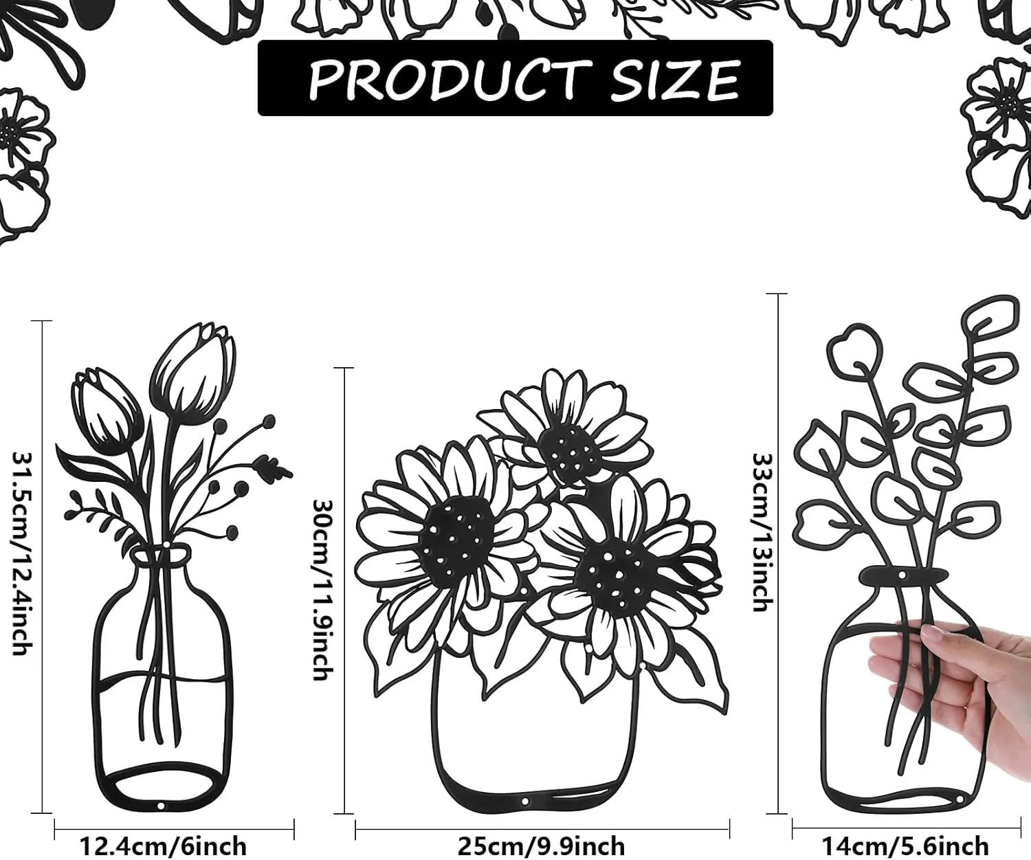 3 Pieces Metal Flower Wall Decor Minimalist Vase Wall Art Black Tulip Wire Iron Decor Floral Art Sculpture for Kitchen Bathroom Living Room(5.6/6/9.9 Inches,Delicate Style)