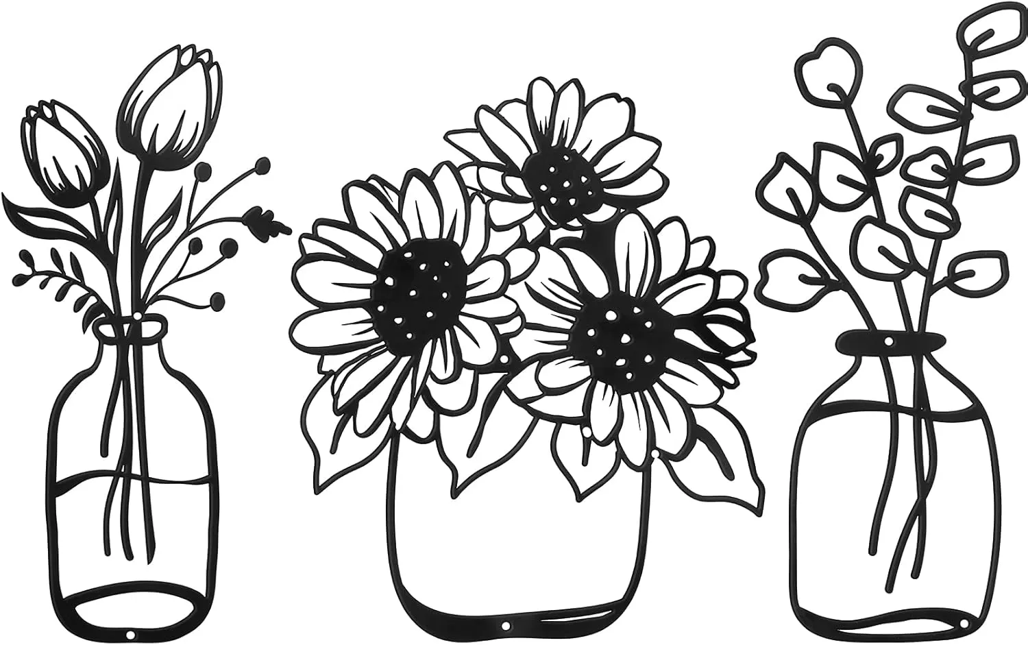3 Pieces Metal Flower Wall Decor Minimalist Vase Wall Art Black Tulip Wire Iron Decor Floral Art Sculpture for Kitchen Bathroom Living Room(5.6/6/9.9 Inches,Delicate Style)