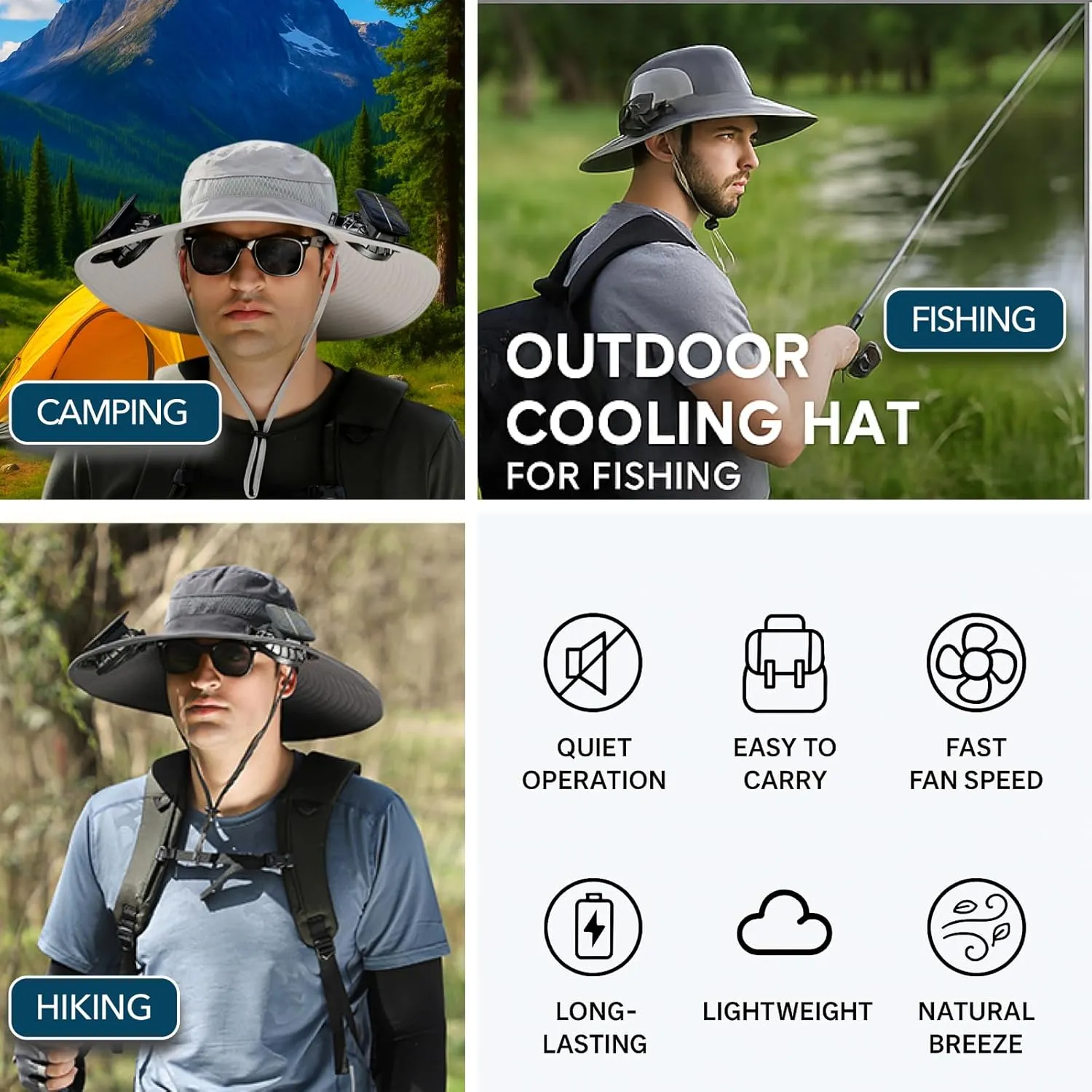 [3 Sleeves Included] Solar Fan Hat Wide Brim Solar Fan HatSolar   USB Dual Power SupplyPerfect for Outdoor Fishing, Camping