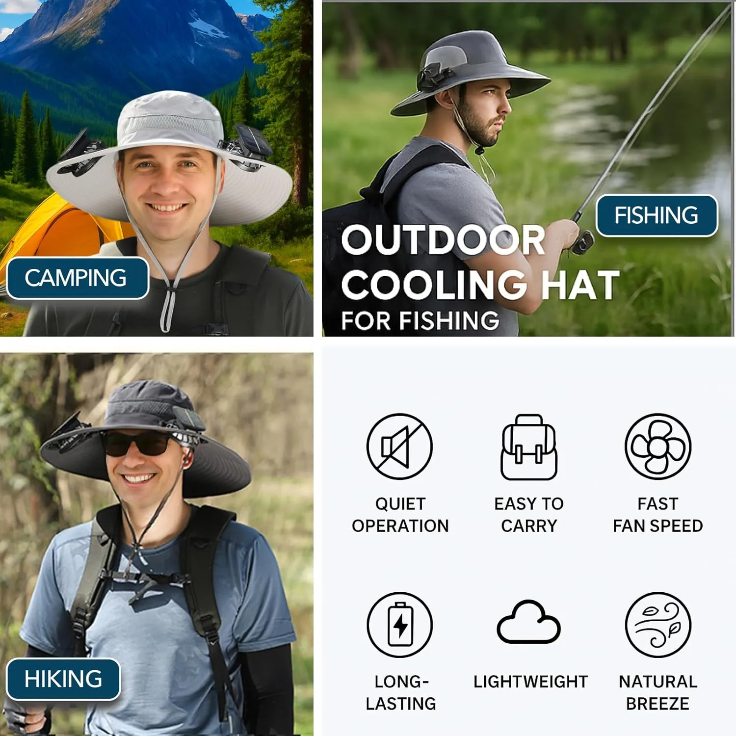 [3 Sleeves Included] Solar Fan Hat Wide Brim Solar Fan HatSolar   USB Dual Power SupplyPerfect for Outdoor Fishing, Camping