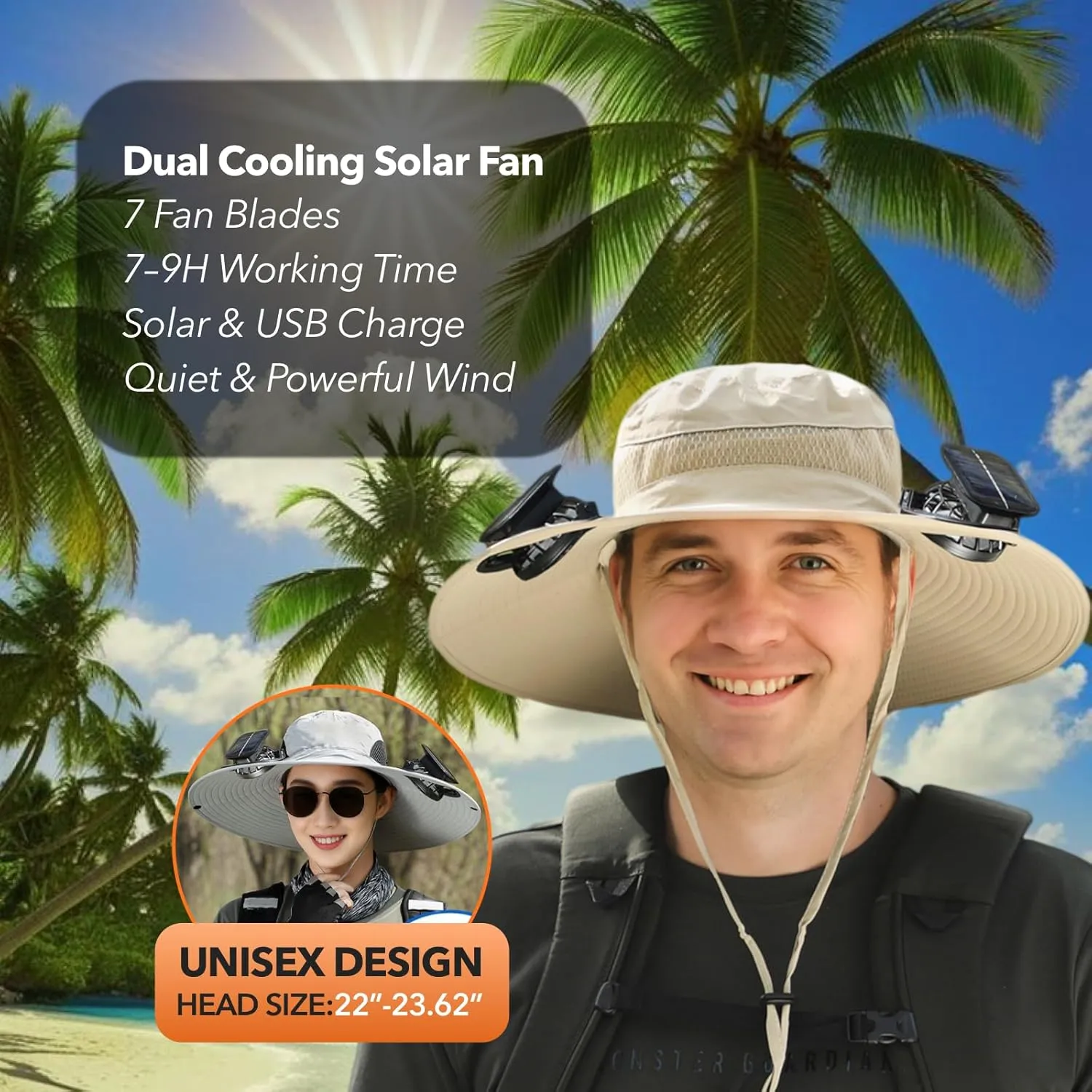 [3 Sleeves Included] Solar Fan Hat Wide Brim Solar Fan HatSolar   USB Dual Power SupplyPerfect for Outdoor Fishing, Camping