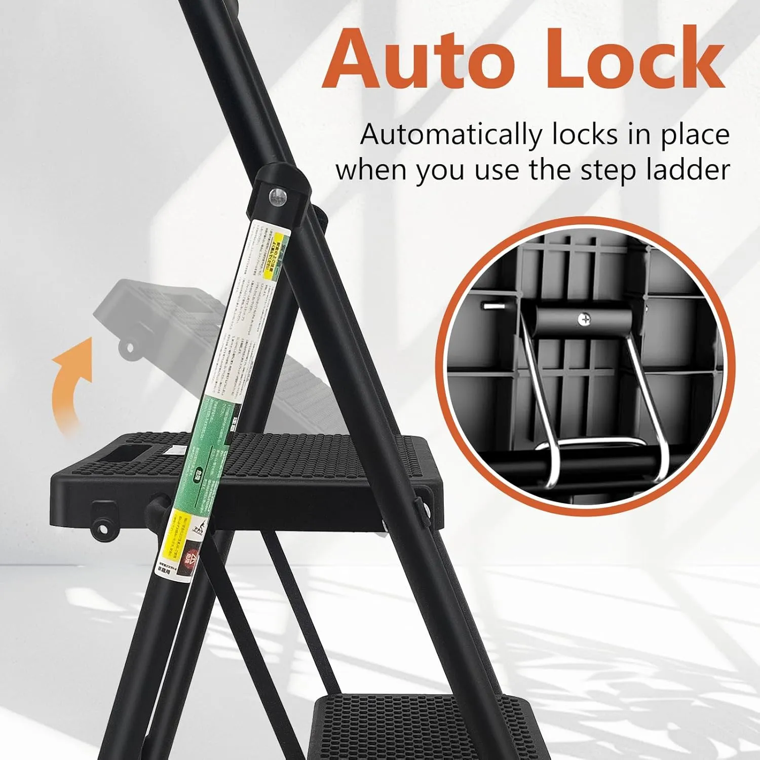 3 Step Ladder, RIKADE Folding Step Stool, Step Stool with Wide Anti-Slip Pedal, Lightweight, Portable Folding Step Ladder with Handgrip, Multi-use Steel Ladder for Household and Office Black