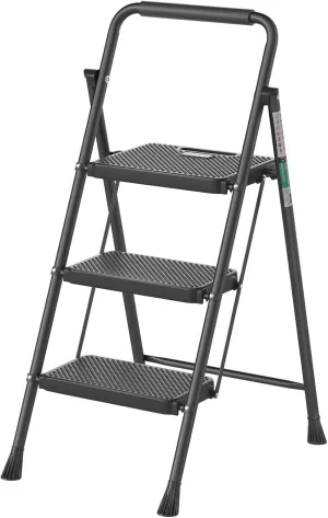 3 Step Ladder, RIKADE Folding Step Stool, Step Stool with Wide Anti-Slip Pedal, Lightweight, Portable Folding Step Ladder with Handgrip, Multi-use Steel Ladder for Household and Office Black