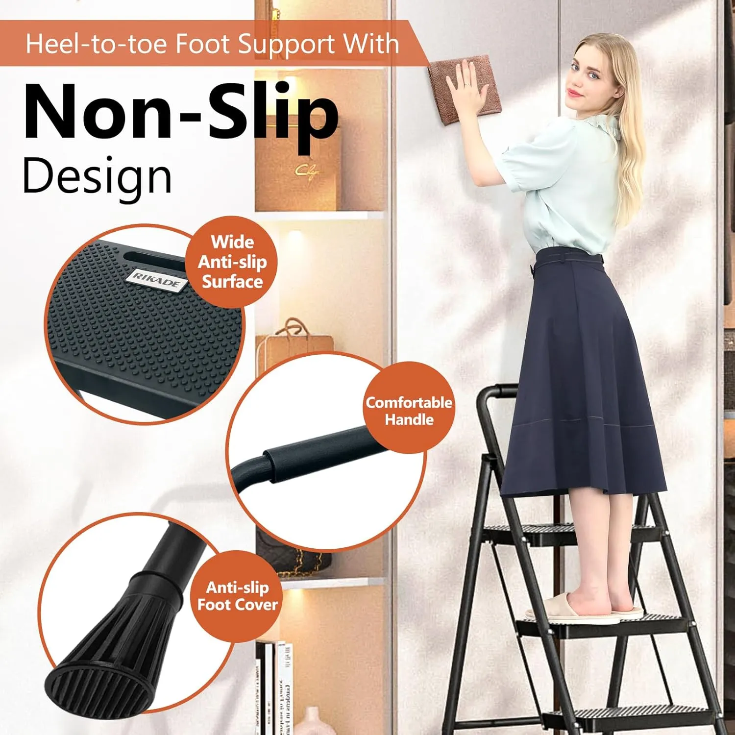 3 Step Ladder, RIKADE Folding Step Stool, Step Stool with Wide Anti-Slip Pedal, Lightweight, Portable Folding Step Ladder with Handgrip, Multi-use Steel Ladder for Household and Office Black