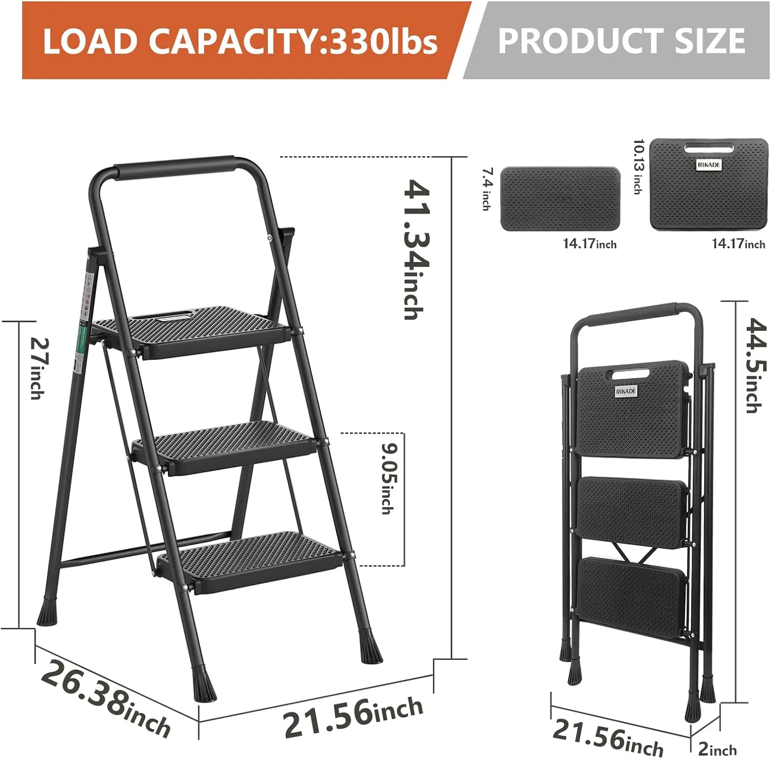 3 Step Ladder, RIKADE Folding Step Stool, Step Stool with Wide Anti-Slip Pedal, Lightweight, Portable Folding Step Ladder with Handgrip, Multi-use Steel Ladder for Household and Office Black