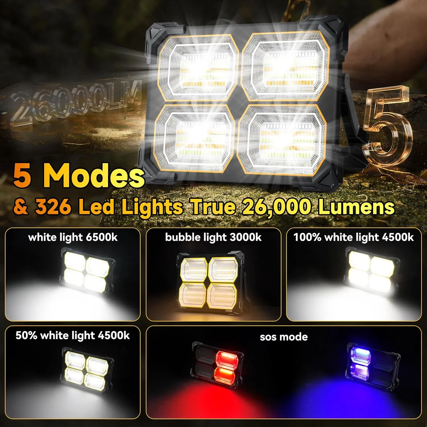 300W Rechargeable Work Light,26000 MAhMagnetic Work Light, 26000LM Portable 326 Led Solar Floodlights with Stand 5 Lights Modes IP66 Waterproof,for Outdoor Camping Car Repairing