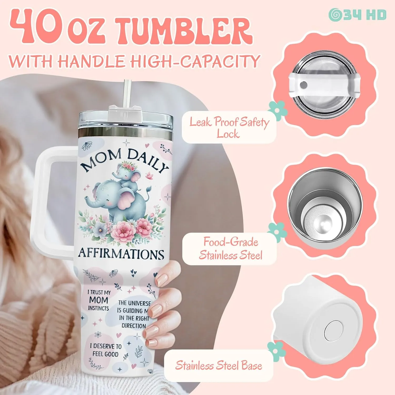 34HD First Mothers Day Gifts, Elephant Mom Tumbler with Lid and Straw, 40oz Cup for Expecting Mom, Mommy Daily Affimation Insulated Mug, First Time Mum Present Birthday