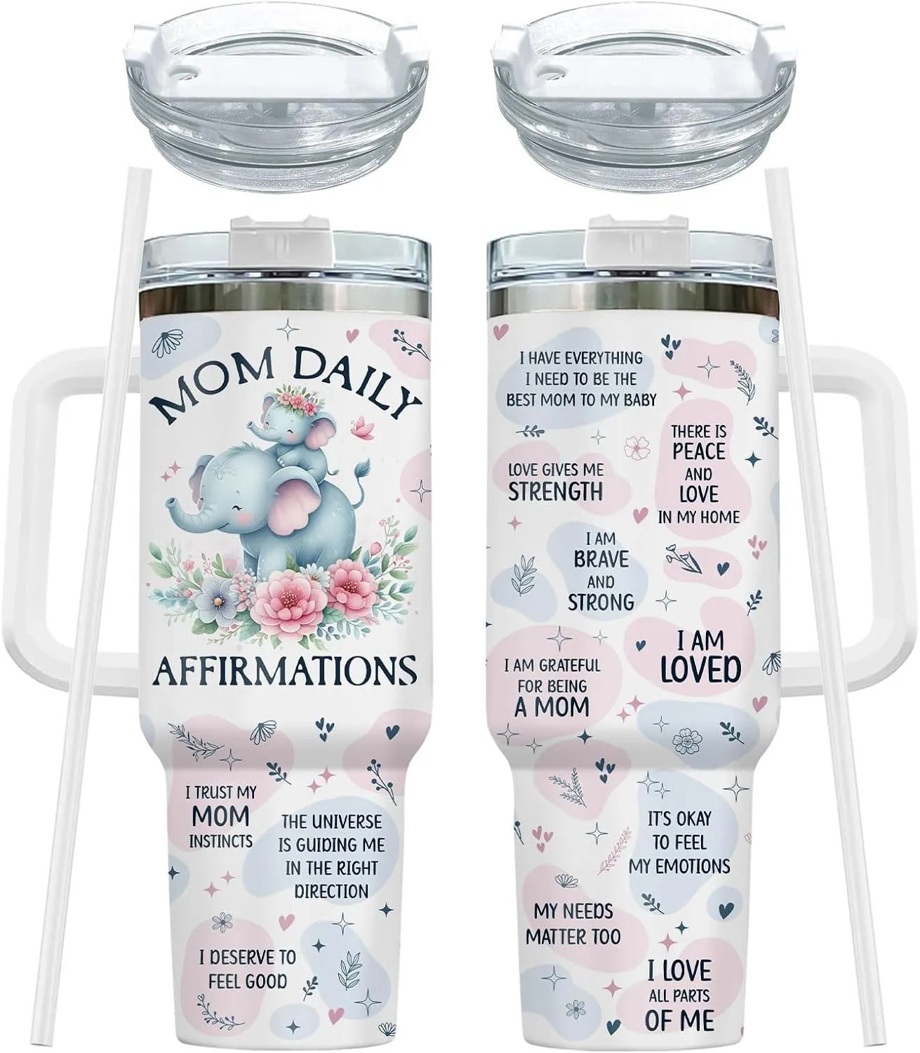 34HD First Mothers Day Gifts, Elephant Mom Tumbler with Lid and Straw, 40oz Cup for Expecting Mom, Mommy Daily Affimation Insulated Mug, First Time Mum Present Birthday