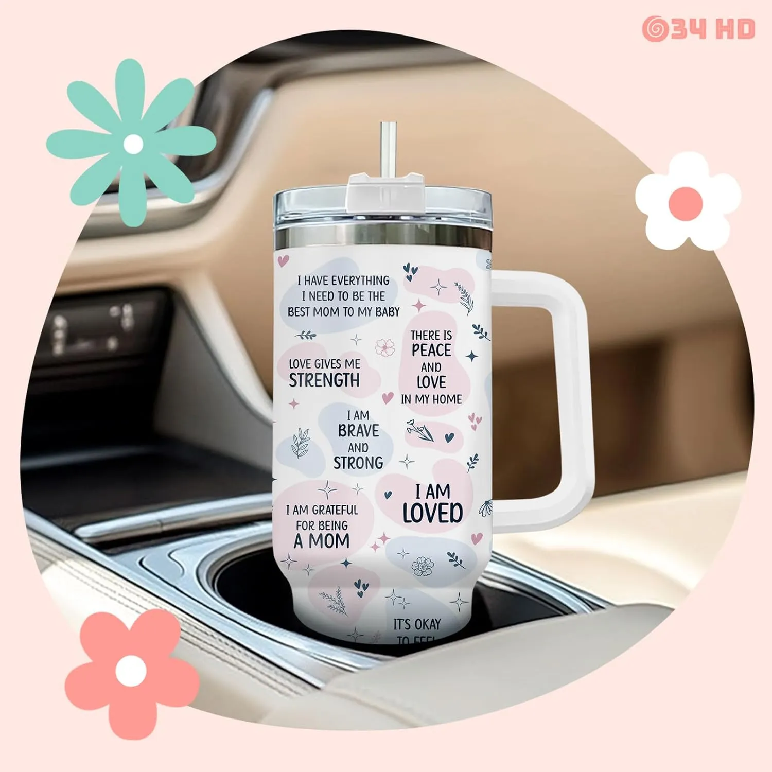 34HD First Mothers Day Gifts, Elephant Mom Tumbler with Lid and Straw, 40oz Cup for Expecting Mom, Mommy Daily Affimation Insulated Mug, First Time Mum Present Birthday