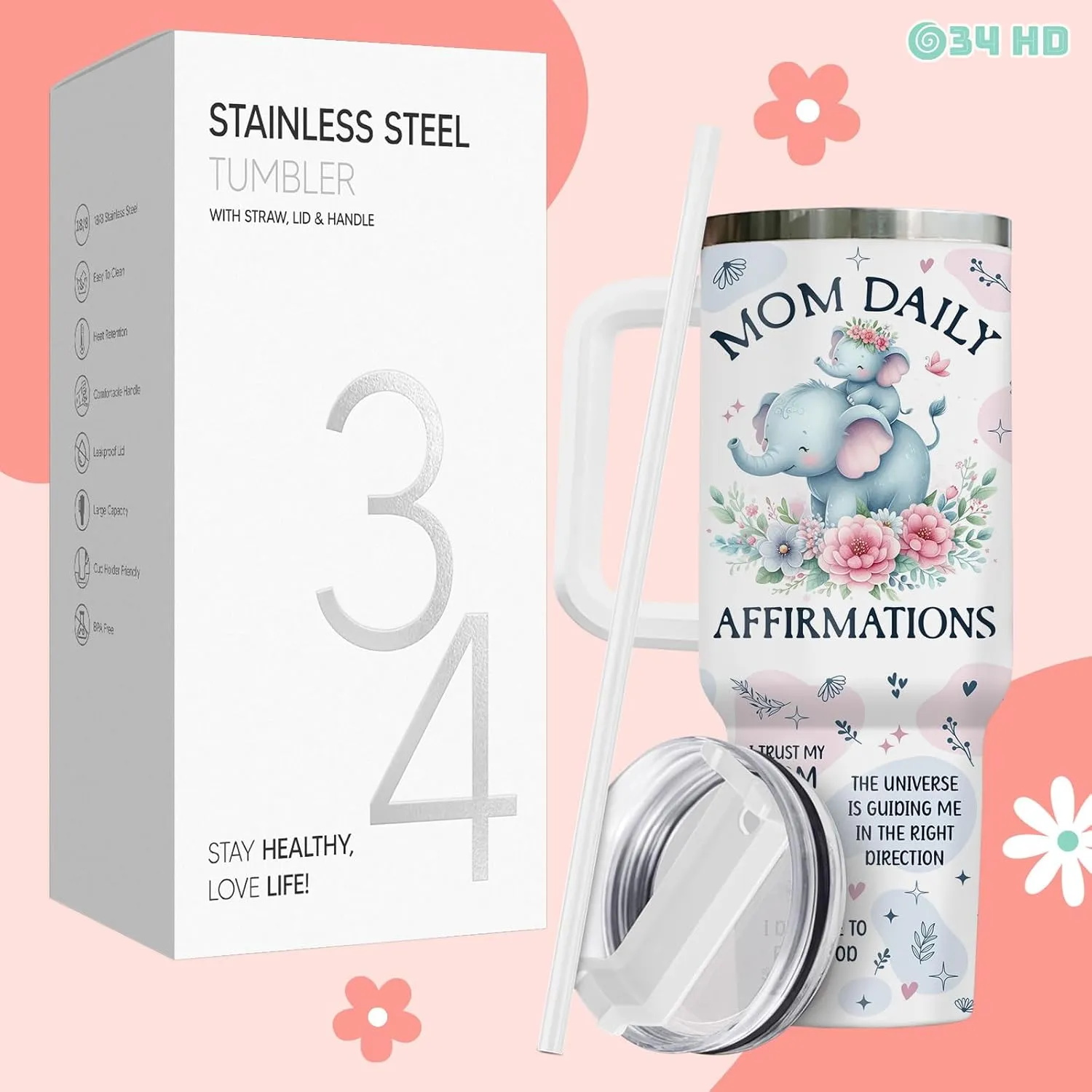 34HD First Mothers Day Gifts, Elephant Mom Tumbler with Lid and Straw, 40oz Cup for Expecting Mom, Mommy Daily Affimation Insulated Mug, First Time Mum Present Birthday