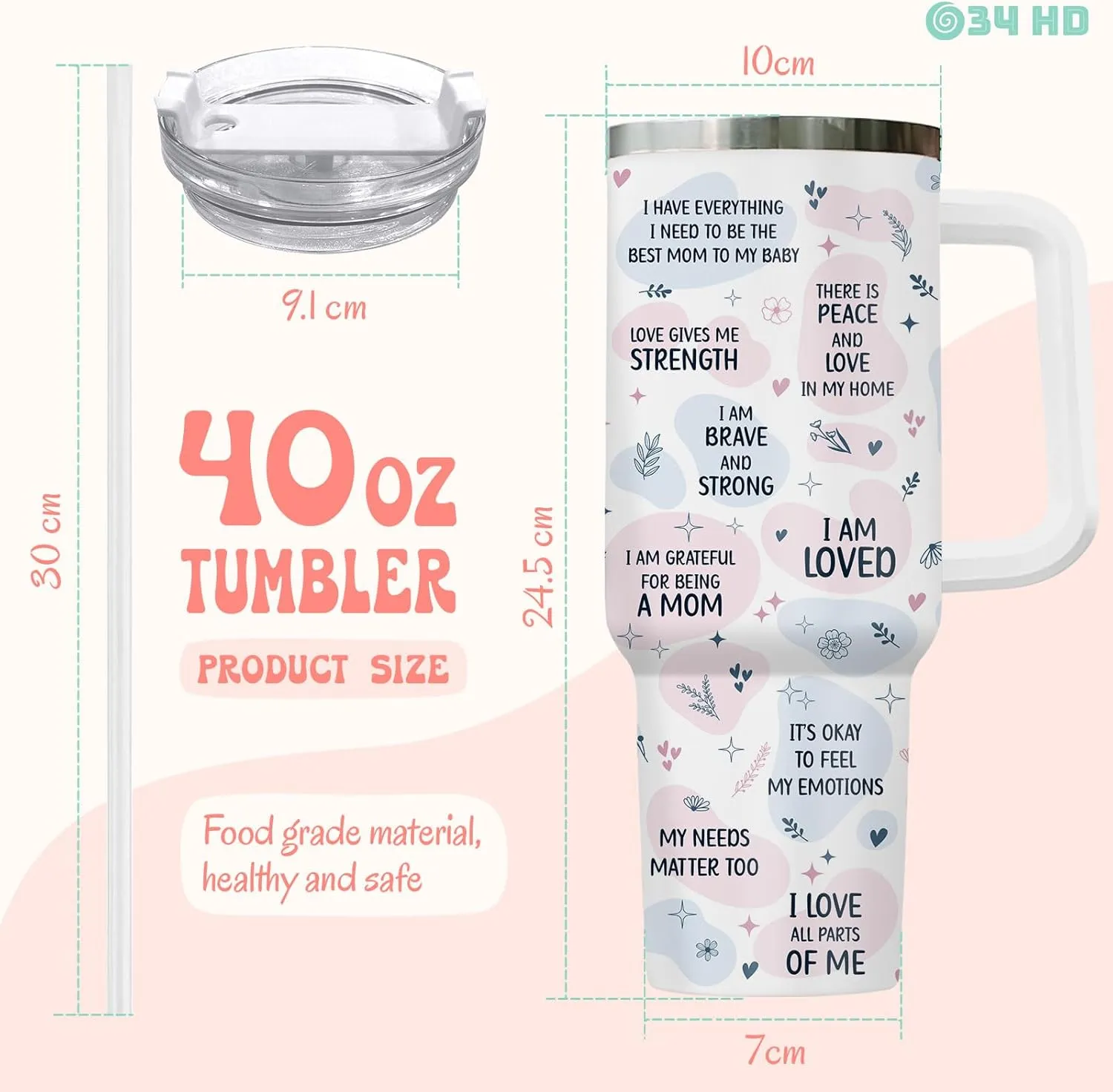 34HD First Mothers Day Gifts, Elephant Mom Tumbler with Lid and Straw, 40oz Cup for Expecting Mom, Mommy Daily Affimation Insulated Mug, First Time Mum Present Birthday