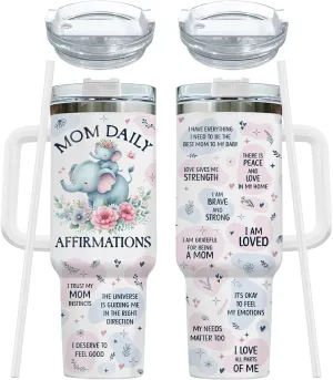 34HD First Mothers Day Gifts, Elephant Mom Tumbler with Lid and Straw, 40oz Cup for Expecting Mom, Mommy Daily Affimation Insulated Mug, First Time Mum Present Birthday
