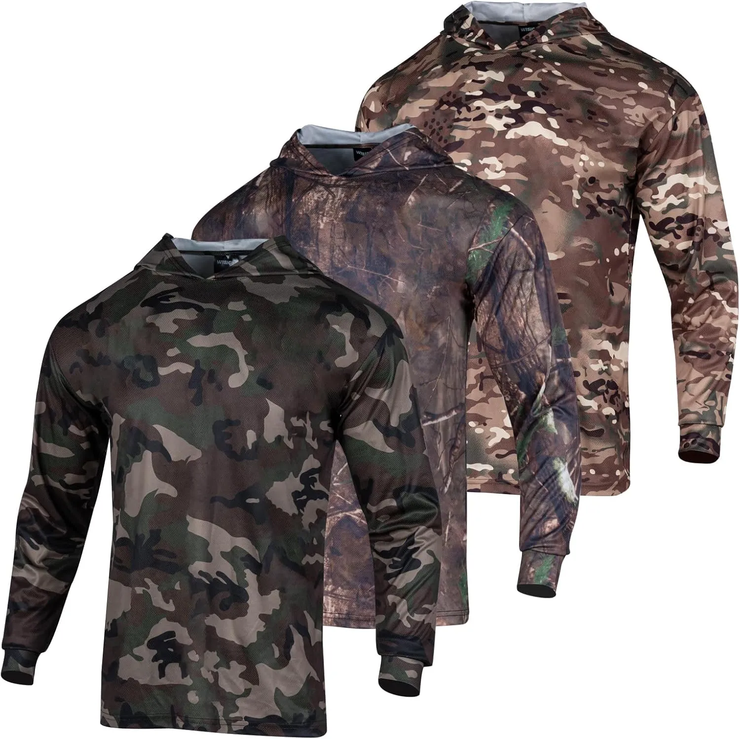3pcs Men's Hunting Camo Shirts,Camouflage Long Sleeve Hooded Shirts for Men Lightweight Fishing Hiking Camping
