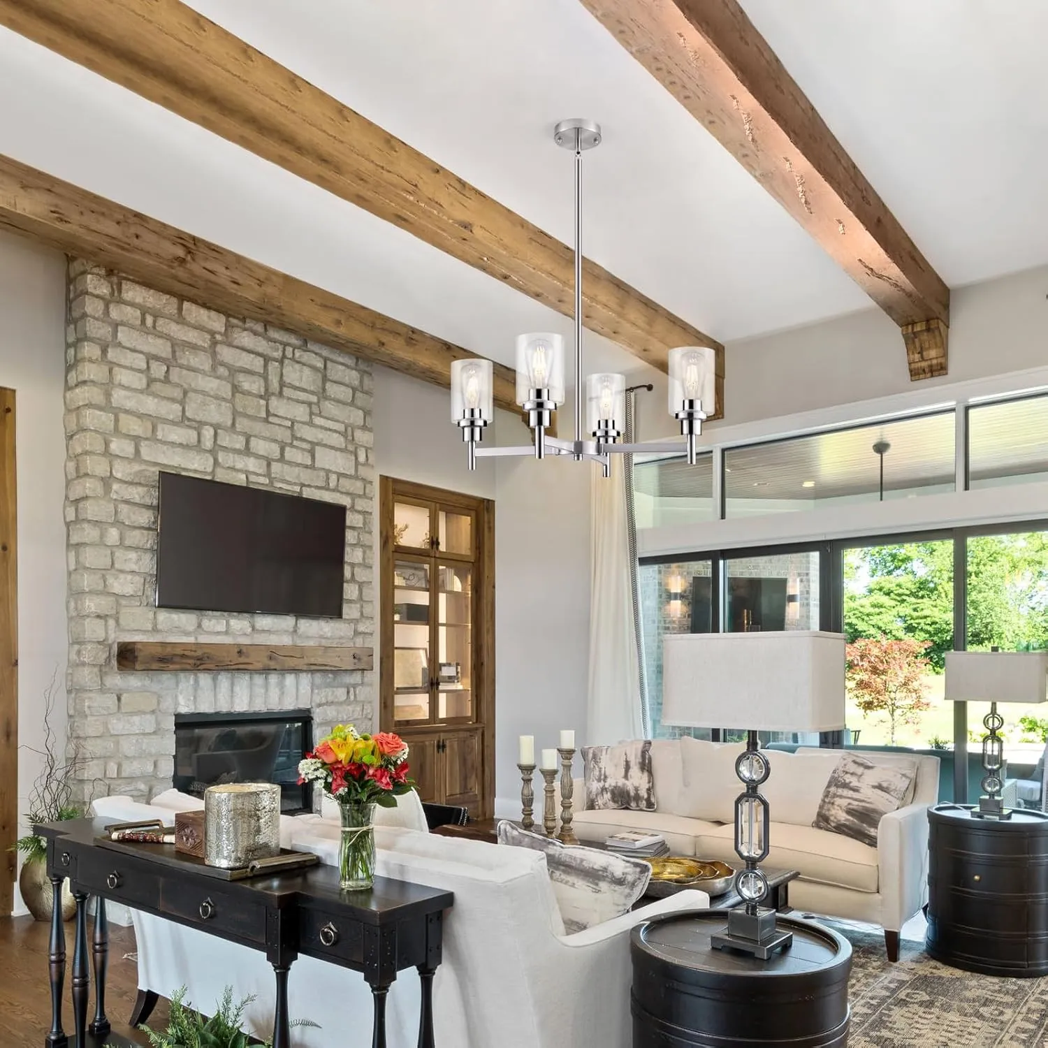 4 Lights Brushed Nickel Chandelier Dining Room Light Fixture, Farmhouse Contemporary Modern Pendant Ceiling Hanging Lighting with Glass Shade for Dinning Room Kitchen Island Foyer Hallway