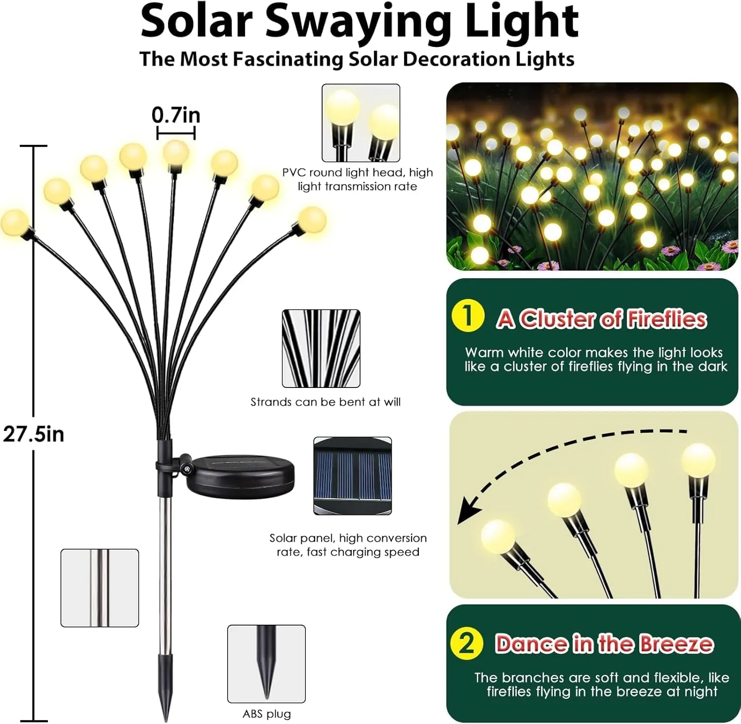 4-Pack Solar Garden Lights, 32 LED Solar Lights Outdoor for Garden Decor, Waterproof Firefly Light Outdoor (Sway by Wind), Swaying Light for Outside Yard Pathway Landscape Decorations (Warm White)
