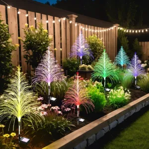 4 Packs Cedar Solar Garden Light with Multi-Colored Change, Auto ON/Off Outdoor Solar Light for Pathway, Porch and Courtyard Decoration (Height: 35.8 Inch)