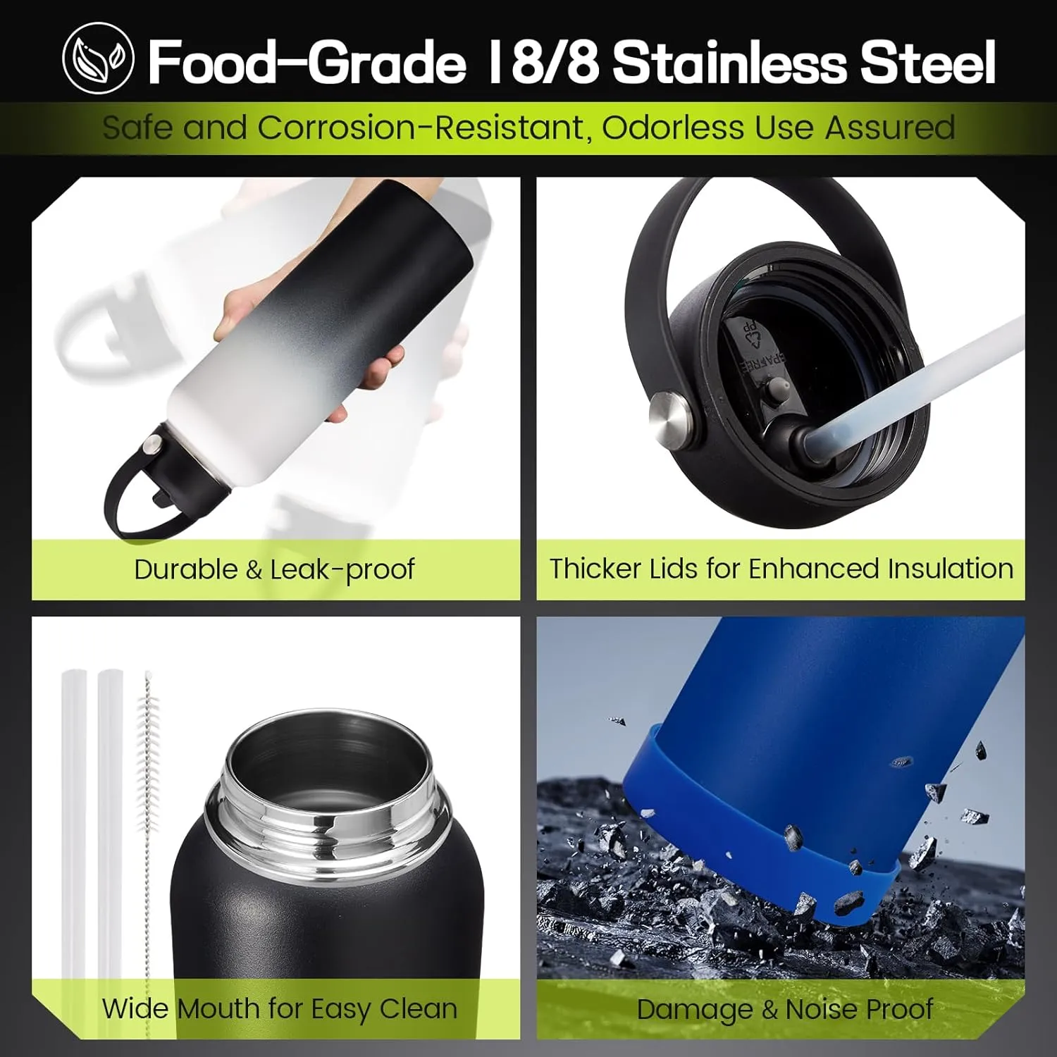 40 oz Insulated Stainless Steel Metal Water Bottle With Straw