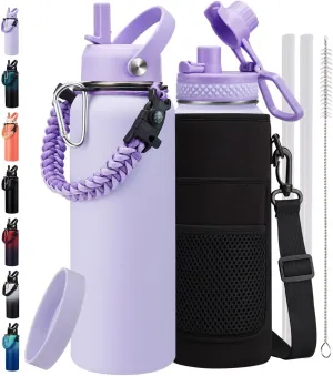 40 oz Insulated Water Bottles with Straw - Paracord Handle & Strap Carrier, 40 oz Metal Flask Keep Cold 48Hrs, Vacuum Thermal Jug with Sling Bag for Sports Hiking Cycling Running