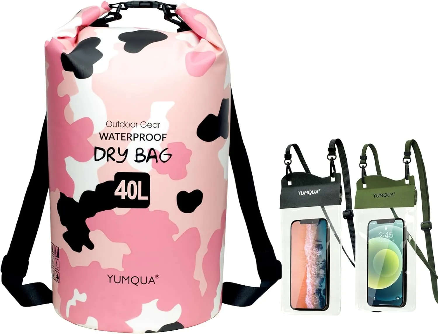 40L Waterproof Dry Bag Bundle with 2 Pack Large Waterproof Phone Pouches