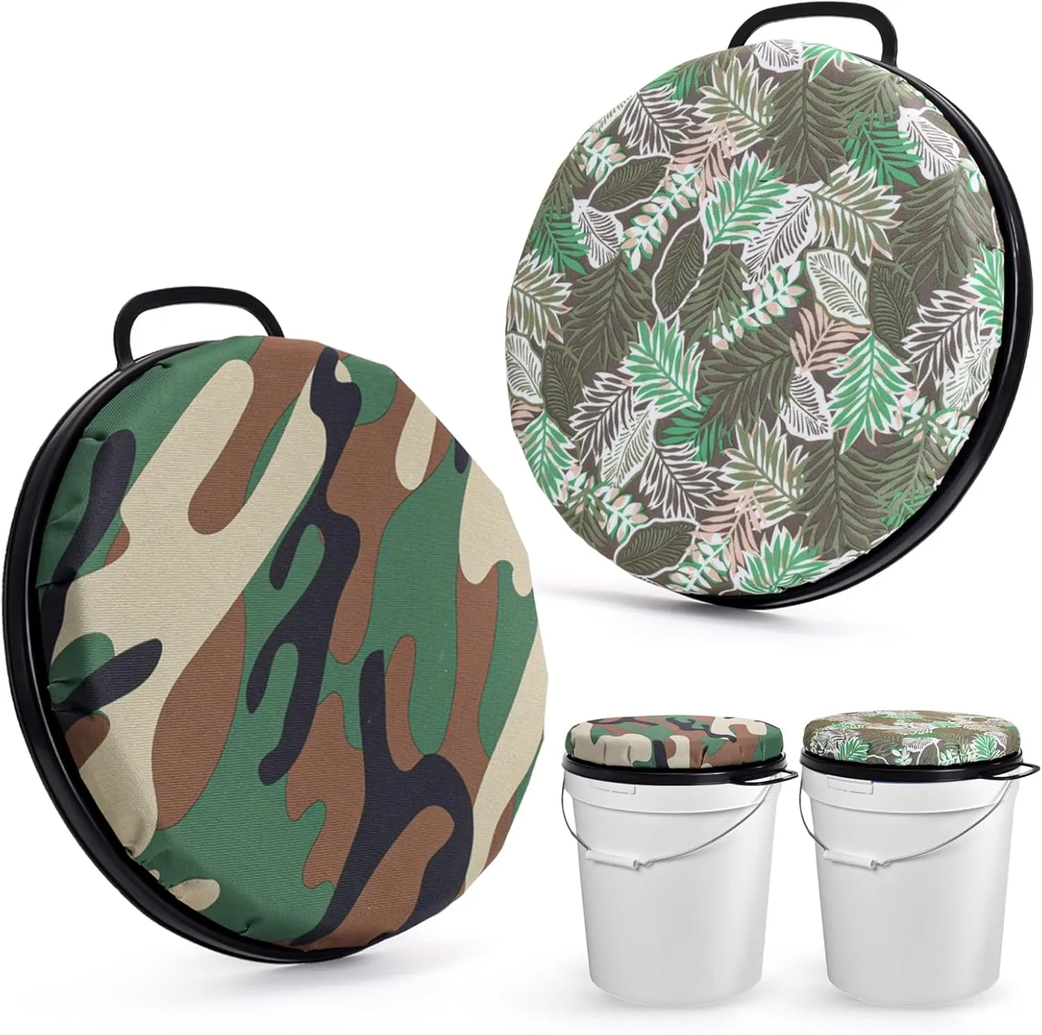 5 Gallon Bucket Seat 2 Pack, ​360° Swivel Hunting Seat with Foam Cushion & Waterproof Lid, Portable Fishing, Camping Chair with Handle (2 Colors)