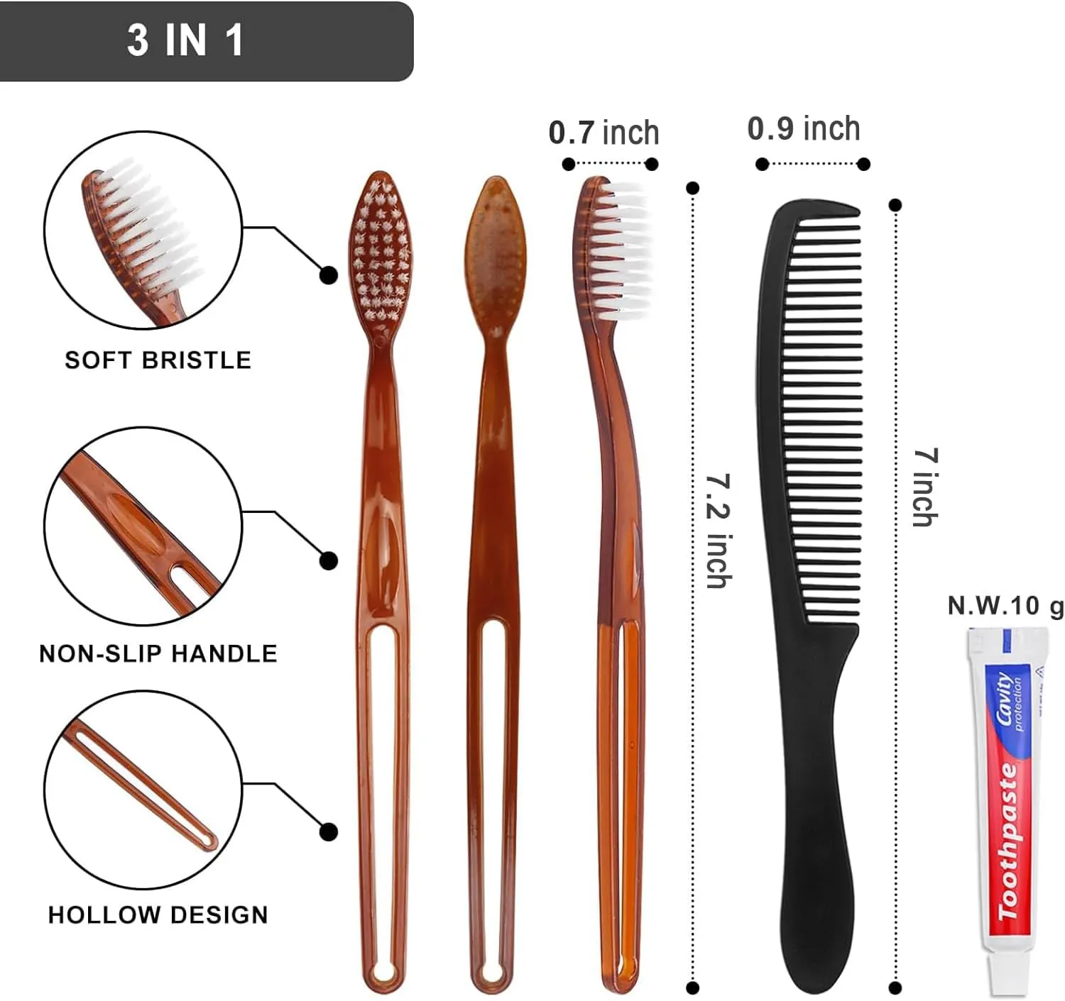 50 Pcs Disposable Toothbrushes with Toothpaste and Comb Individually Wrapped,10g Travel Toothpaste,7inch Black Hair Comb,Bulk Toothbrush for Hotel,AirBnb,Shelter,Charity