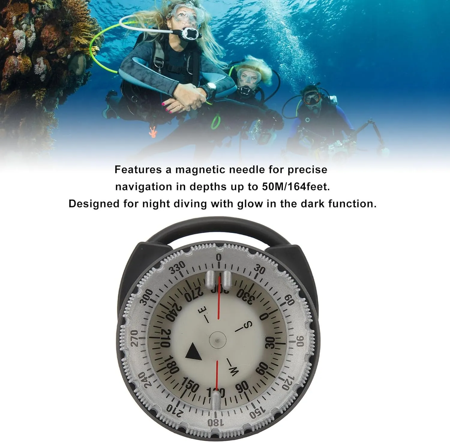 50M Underwater Diving Compass, Small Dive Compass Luminous Magnetic Pipe Clamp Diving Compass Suitable for Discerning Direction While Diving