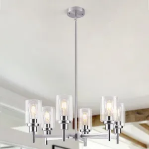 6 Lights Brushed Nickel Chandelier Dining Room Light Fixture, Farmhouse Contemporary Modern Pendant Ceiling Hanging Lighting with Glass Shade for Dinning Room Kitchen Island Foyer Hallway