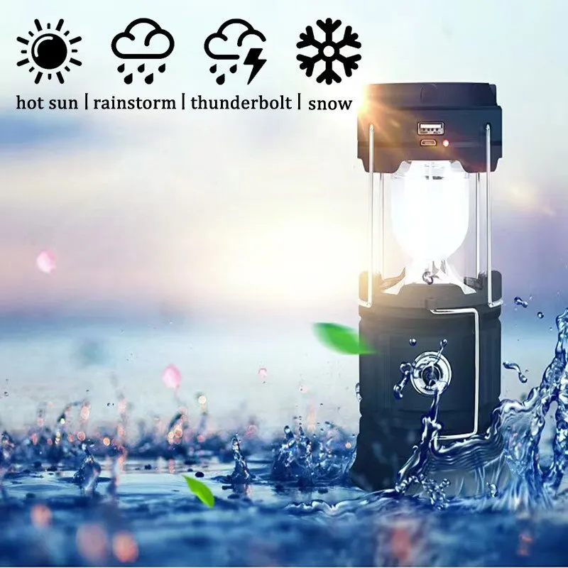 60000lm 4-in-1 Solar LED Lantern Retractable Camping Light Flashlight Power Bank Multifunctional Outdoor Camping Light