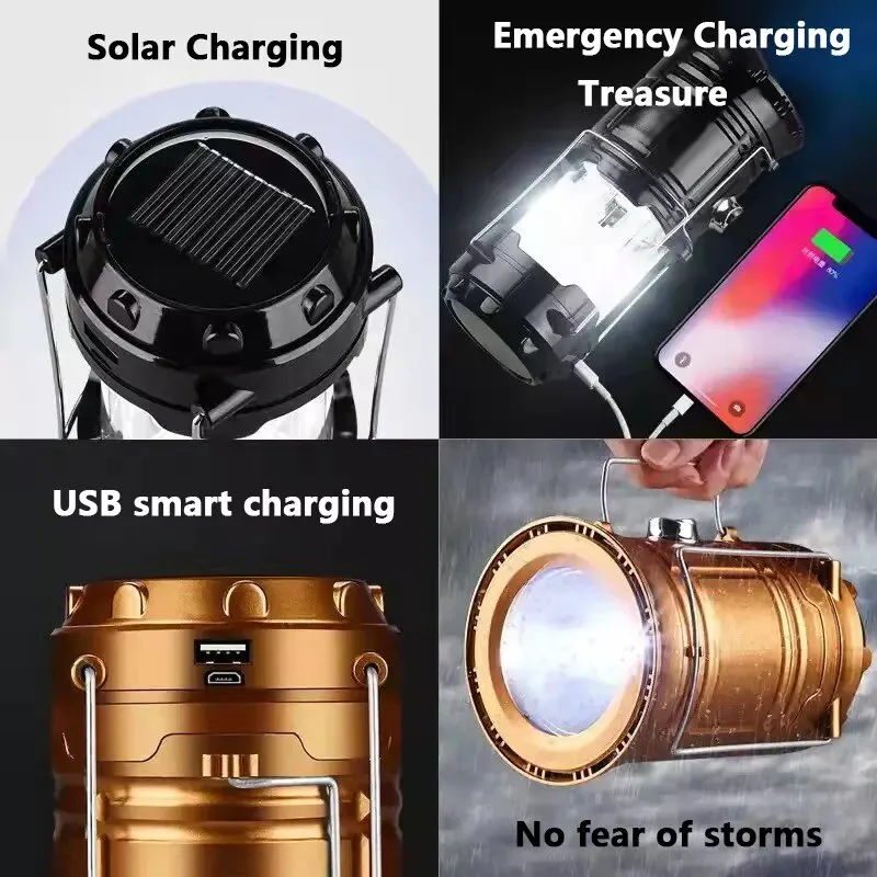 60000lm 4-in-1 Solar LED Lantern Retractable Camping Light Flashlight Power Bank Multifunctional Outdoor Camping Light
