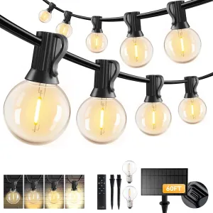 60FT Solar String Lights Outdoor Waterproof, Patio Lights Solar Powered with Remote & USB Port, 20 1 LED Shatterproof Bulbs, 3 Light Modes, Dimmable Solar Hanging Lighting for Camping Yard Garden