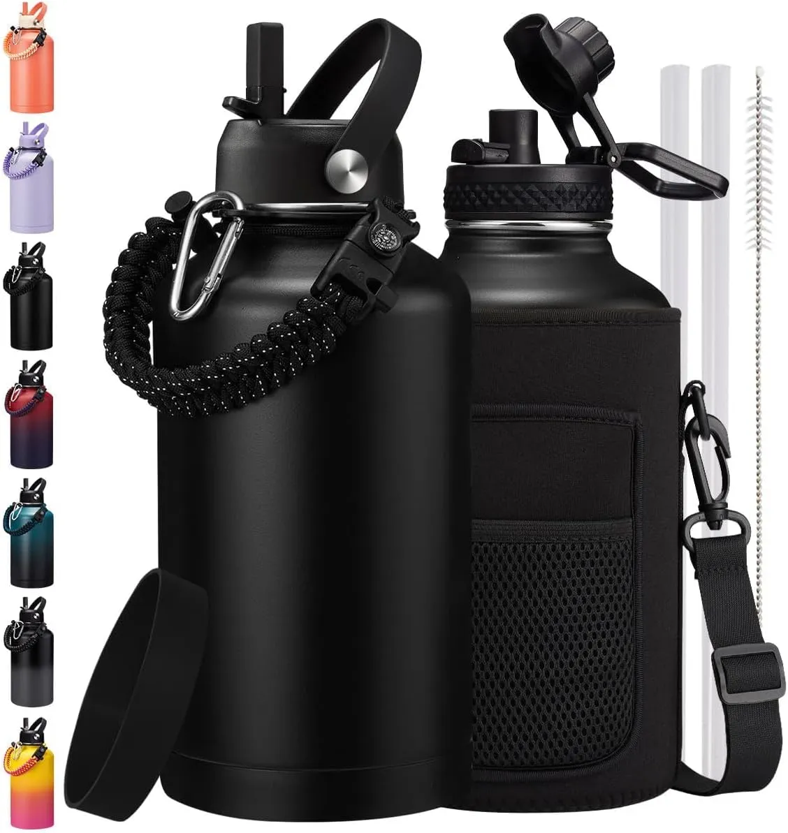 64/128 oz Water Bottle with Straw & Spout Lids, Keep Cold 48H, Half Gallon Insuated Water Bottle with Paracord Handle & Carrier Bag, Gallon Water Jug Stainless Steel Metal Flask for Man Woman Gym