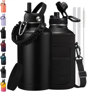 64/128 oz Water Bottle with Straw & Spout Lids, Keep Cold 48H, Half Gallon Insuated Water Bottle with Paracord Handle & Carrier Bag, Gallon Water Jug Stainless Steel Metal Flask for Man Woman Gym