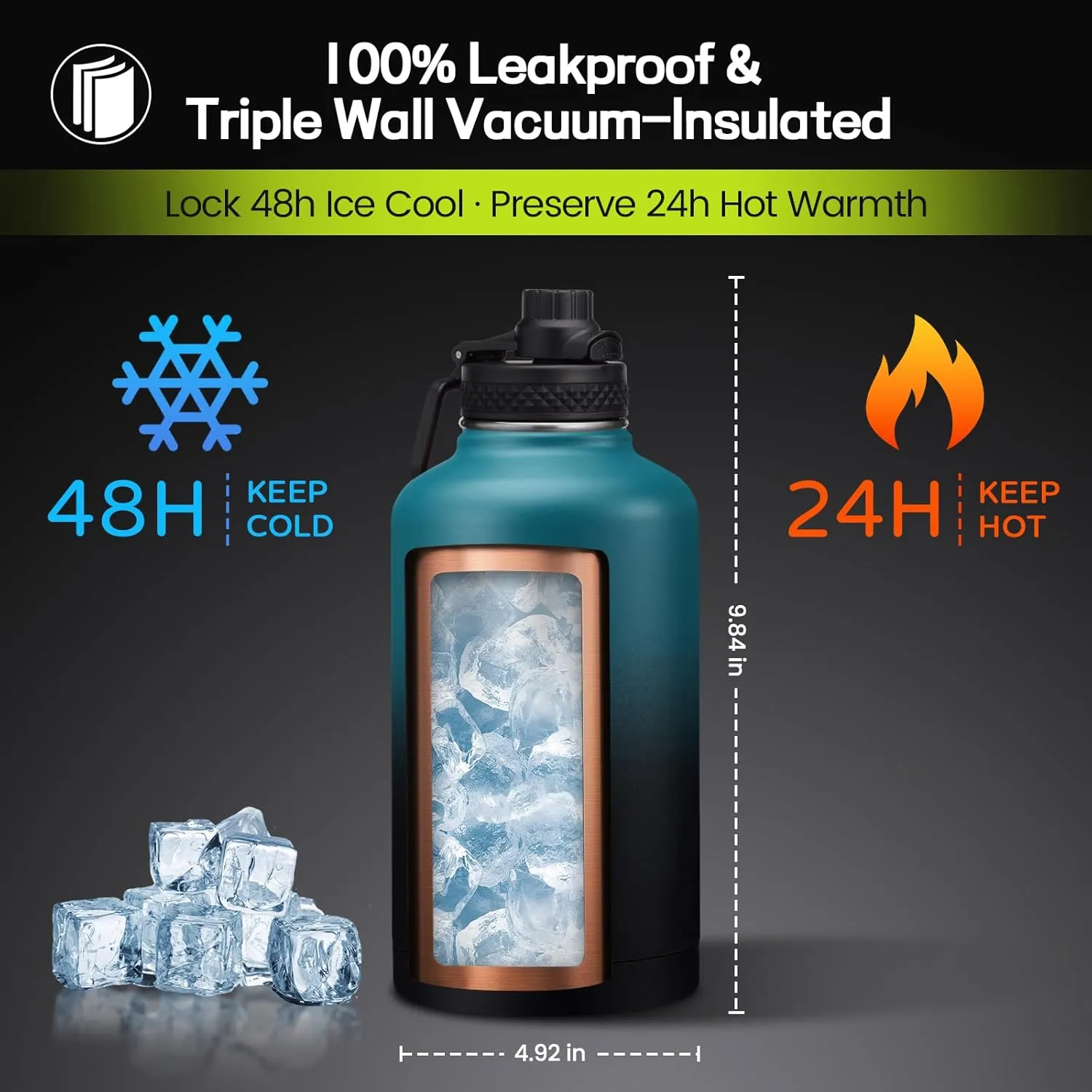 64/128 oz Water Bottle with Straw & Spout Lids, Keep Cold 48H, Half Gallon Insuated Water Bottle with Paracord Handle & Carrier Bag, Gallon Water Jug Stainless Steel Metal Flask for Man Woman Gym