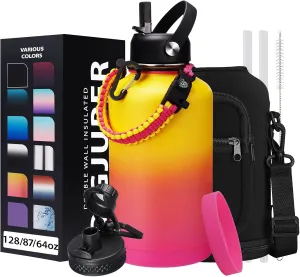 64oz Water Bottle Stainless Steel - with Paracord Handle, Straw & Auto Spout Lids, Shoulder Carrier Bag & Insulated Bottle Protective Boot, Sweat-Proof Half Gallon Metal Insulated Flask Wide-mouth