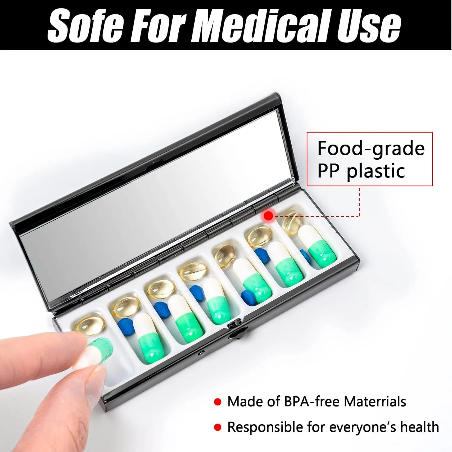 7 Day Pretty Mini Metal Pill Organizer Metal Manufacturing Inside The Makeup Mirror Sleek Look Easy to Carry Fashionable Texture Plating Gun Black More Exquisite (Gun Black)