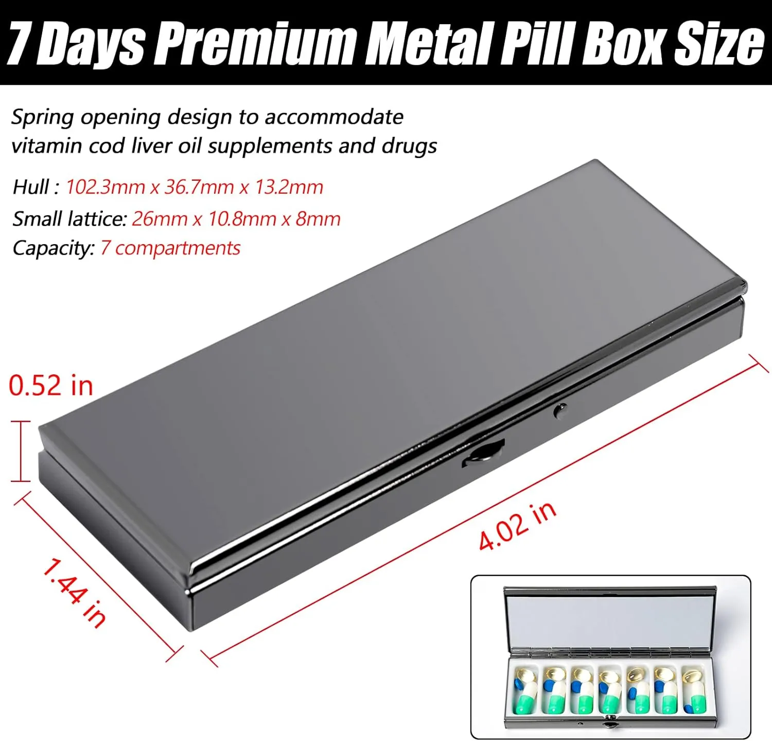 7 Day Pretty Mini Metal Pill Organizer Metal Manufacturing Inside The Makeup Mirror Sleek Look Easy to Carry Fashionable Texture Plating Gun Black More Exquisite (Gun Black)
