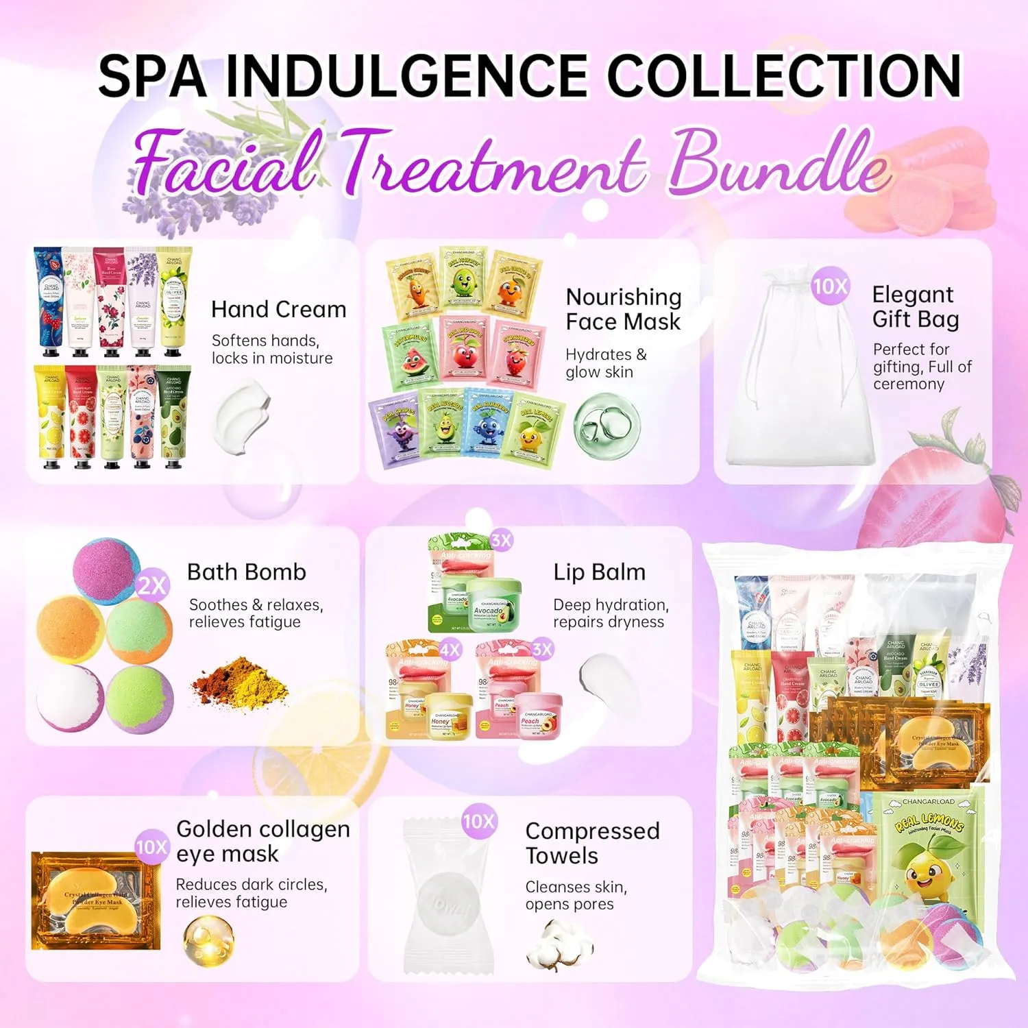 70 Pcs Spa Party Supplies for 10 – Spa Gifts for Women, Girls & Kids | Spa Set with Eye & Face Masks, Lip Balm, Hand Cream, Bath Bombs, Towels & Gift Bags | Spa Kit for Birthdays, Sleepovers, Spa Days