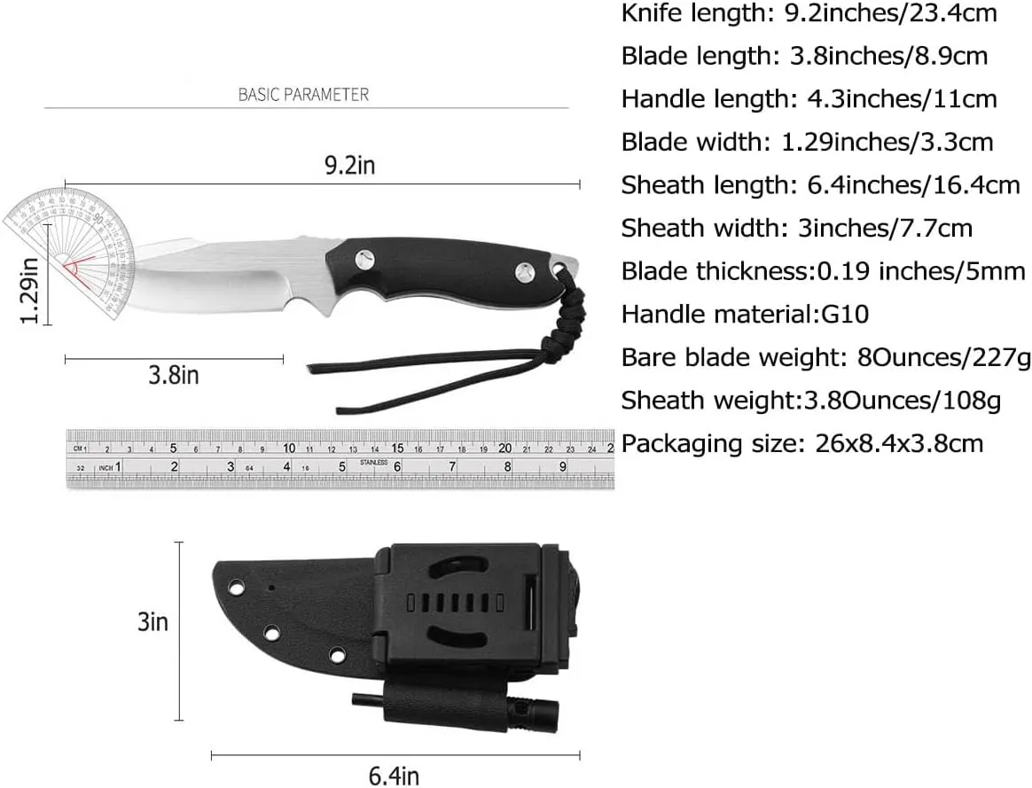 9.3" Fixed Blade Knives, with Fire Starter and Kydex Sheath,Bushcraft for Outdoor, Hunting, Fishing