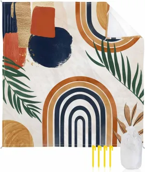 Abstract Beach Blanket Waterproof Sandproof 83"x79", Bohemian Palm Leaf Art Oversized Beach Mat with 4 Corner Sand Pocket & 4 Stakes, Compact Outdoor Picnic Mat for Camping Travel Festivals