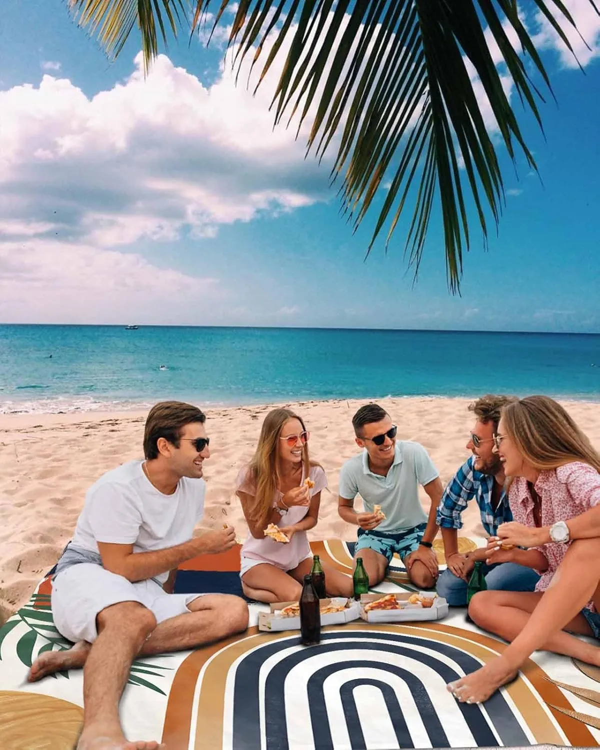 Abstract Beach Blanket Waterproof Sandproof 83"x79", Bohemian Palm Leaf Art Oversized Beach Mat with 4 Corner Sand Pocket & 4 Stakes, Compact Outdoor Picnic Mat for Camping Travel Festivals