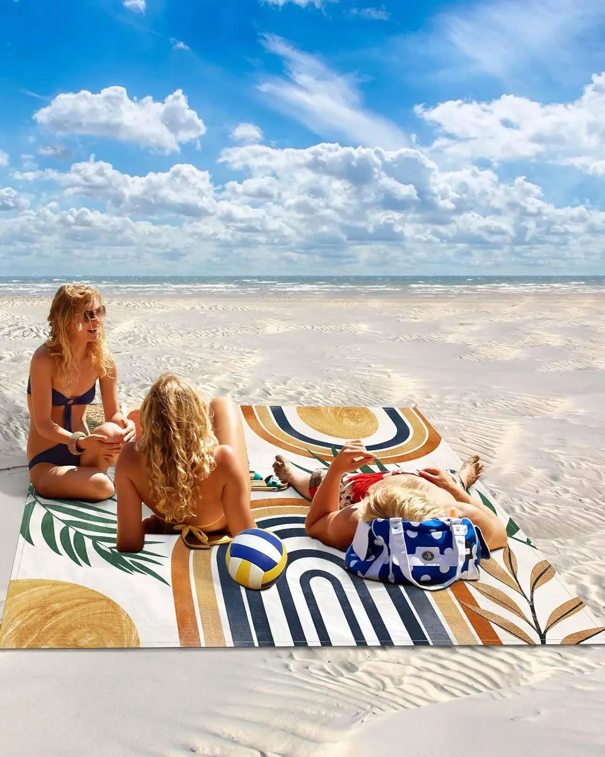 Abstract Beach Blanket Waterproof Sandproof 83"x79", Bohemian Palm Leaf Art Oversized Beach Mat with 4 Corner Sand Pocket & 4 Stakes, Compact Outdoor Picnic Mat for Camping Travel Festivals