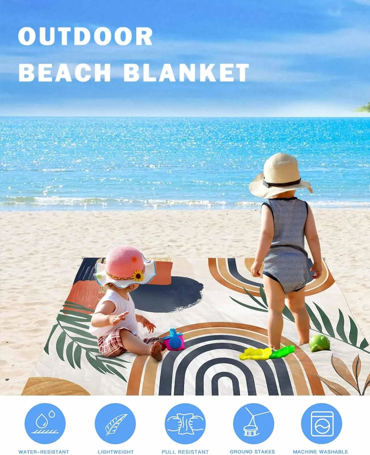 Abstract Beach Blanket Waterproof Sandproof 83"x79", Bohemian Palm Leaf Art Oversized Beach Mat with 4 Corner Sand Pocket & 4 Stakes, Compact Outdoor Picnic Mat for Camping Travel Festivals