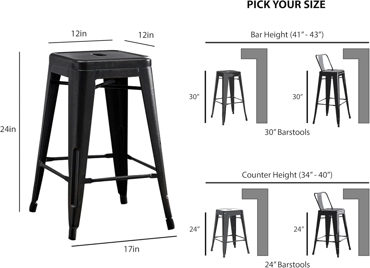 AC Pacific 24” Metal Backless Barstool Set of 2 – Country Rustic Style, Lightweight & Sturdy Build, Easy Assembly – Distressed Black Finish