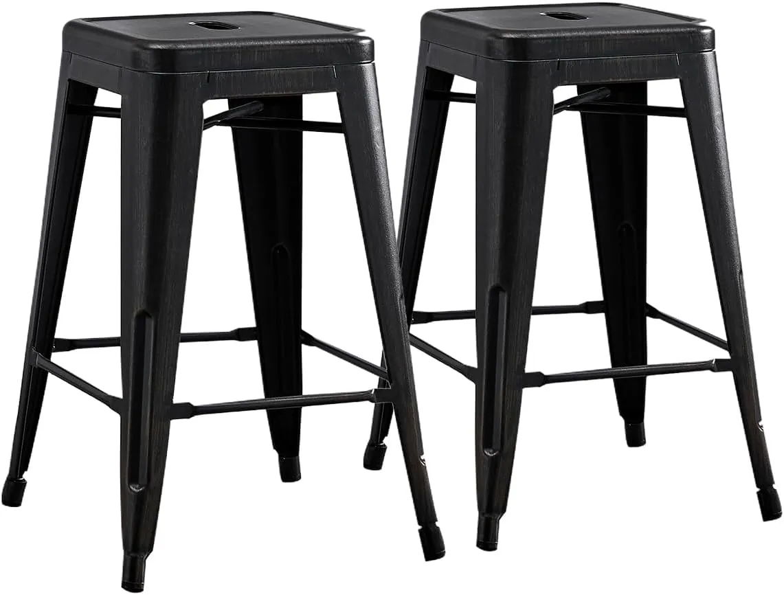 AC Pacific 24” Metal Backless Barstool Set of 2 – Country Rustic Style, Lightweight & Sturdy Build, Easy Assembly – Distressed Black Finish