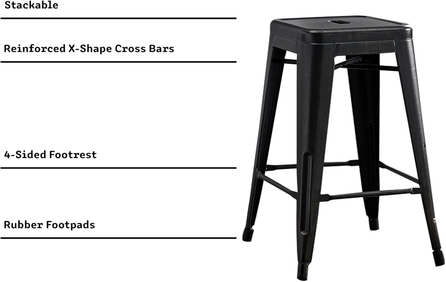 AC Pacific 24” Metal Backless Barstool Set of 2 – Country Rustic Style, Lightweight & Sturdy Build, Easy Assembly – Distressed Black Finish