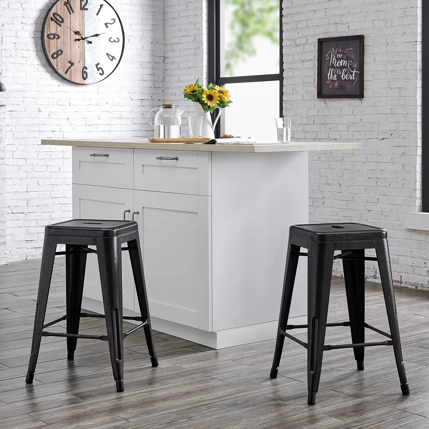 AC Pacific 24” Metal Backless Barstool Set of 2 – Country Rustic Style, Lightweight & Sturdy Build, Easy Assembly – Distressed Black Finish