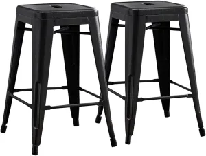 AC Pacific 24” Metal Backless Barstool Set of 2 – Country Rustic Style, Lightweight & Sturdy Build, Easy Assembly – Distressed Black Finish