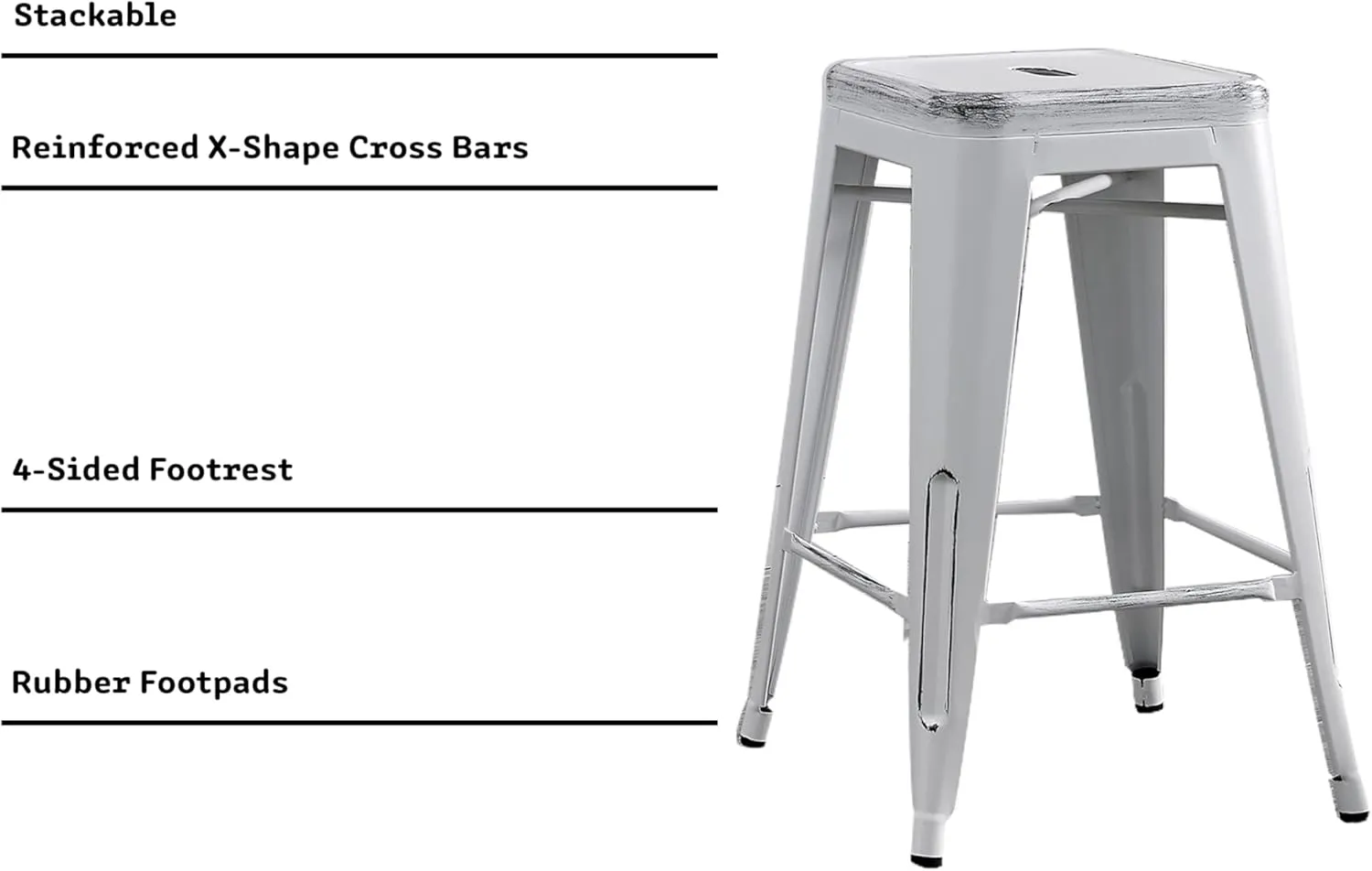 AC Pacific 24” Metal Backless Barstool Set of 2 – Country Rustic Style, Lightweight & Sturdy Build, Easy Assembly – Distressed Snow White