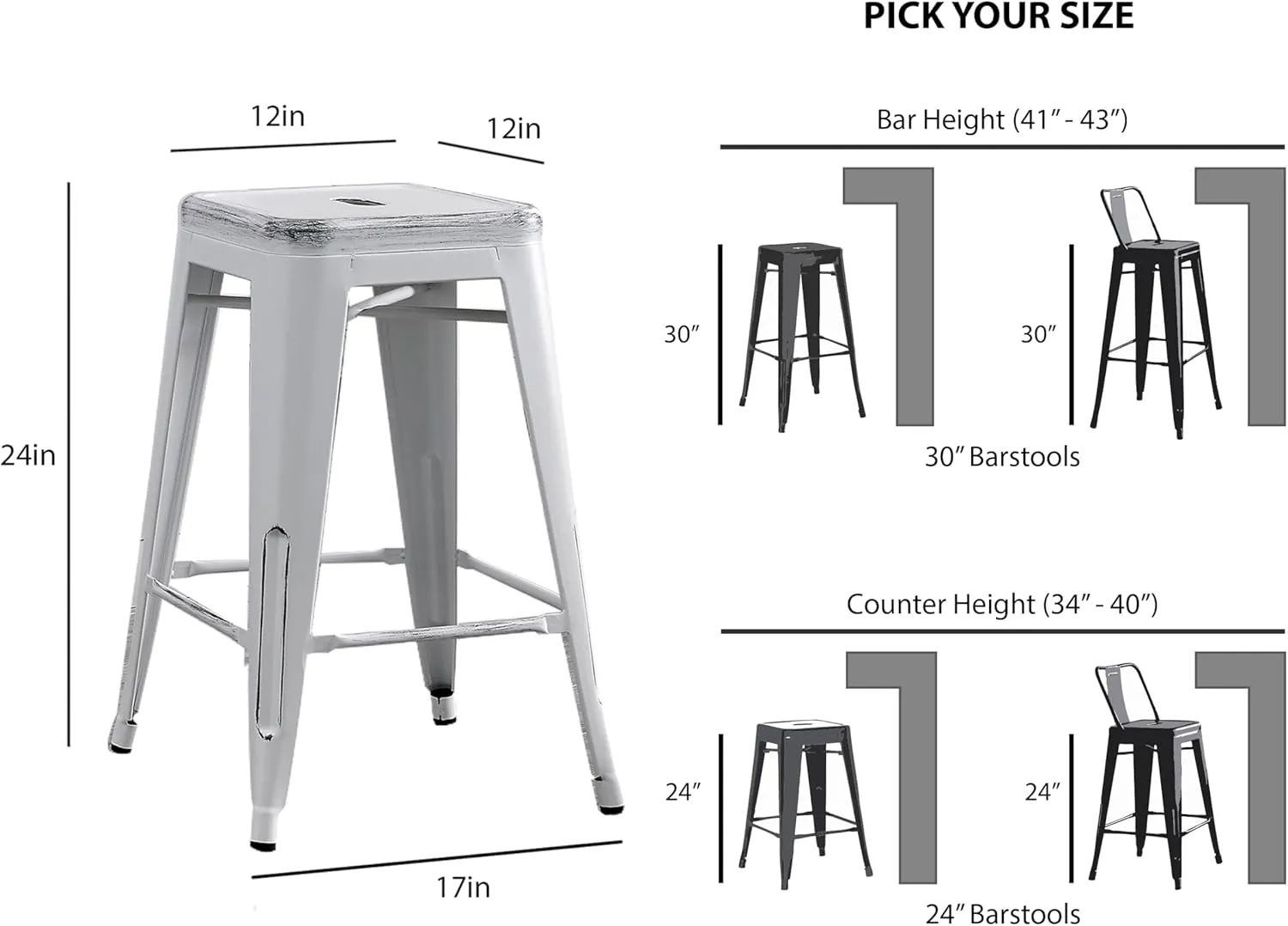 AC Pacific 24” Metal Backless Barstool Set of 2 – Country Rustic Style, Lightweight & Sturdy Build, Easy Assembly – Distressed Snow White