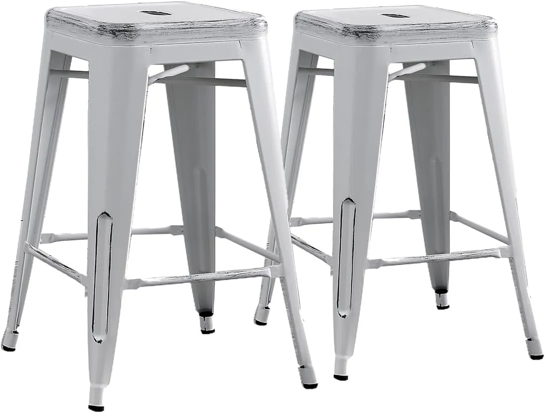 AC Pacific 24” Metal Backless Barstool Set of 2 – Country Rustic Style, Lightweight & Sturdy Build, Easy Assembly – Distressed Snow White